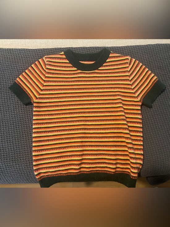 Cider Sweaters - Cider Short-Sleeve Striped Crewneck Sweater in Dark Green, Orange, Yellow